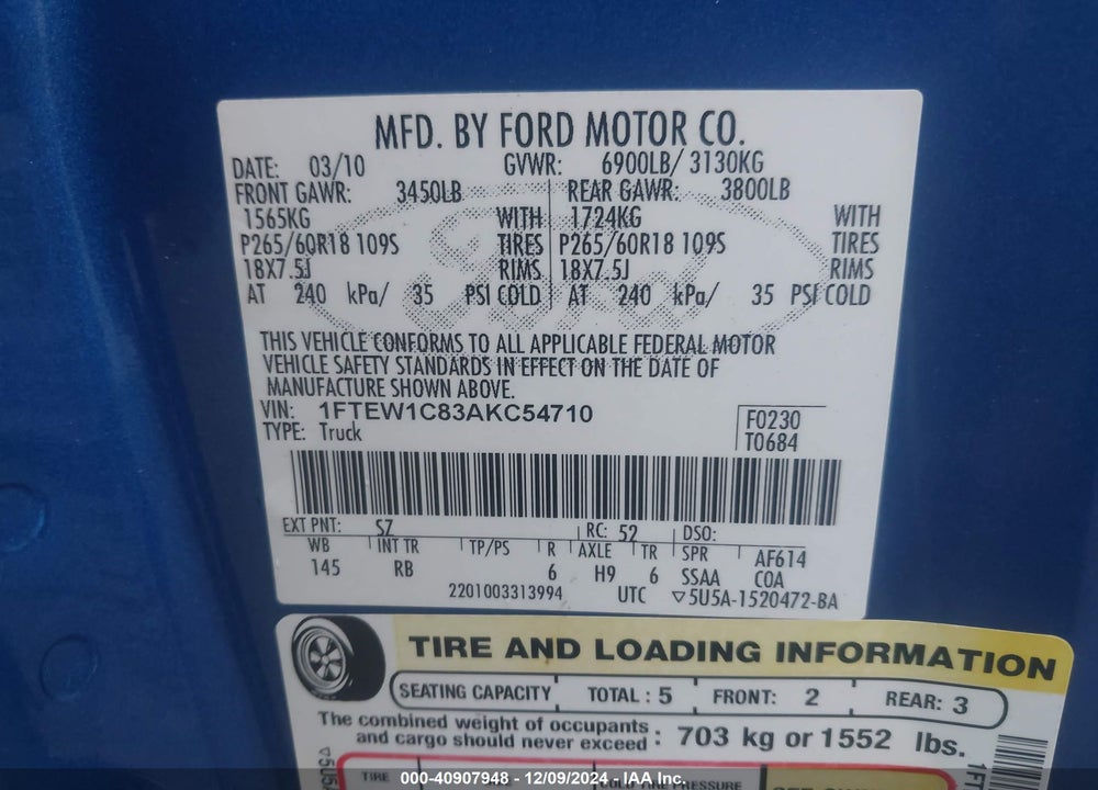 2010 FORD F-150 FX2 SPORT/XL/XLT VIN: 1FTEW1C83AKC54710