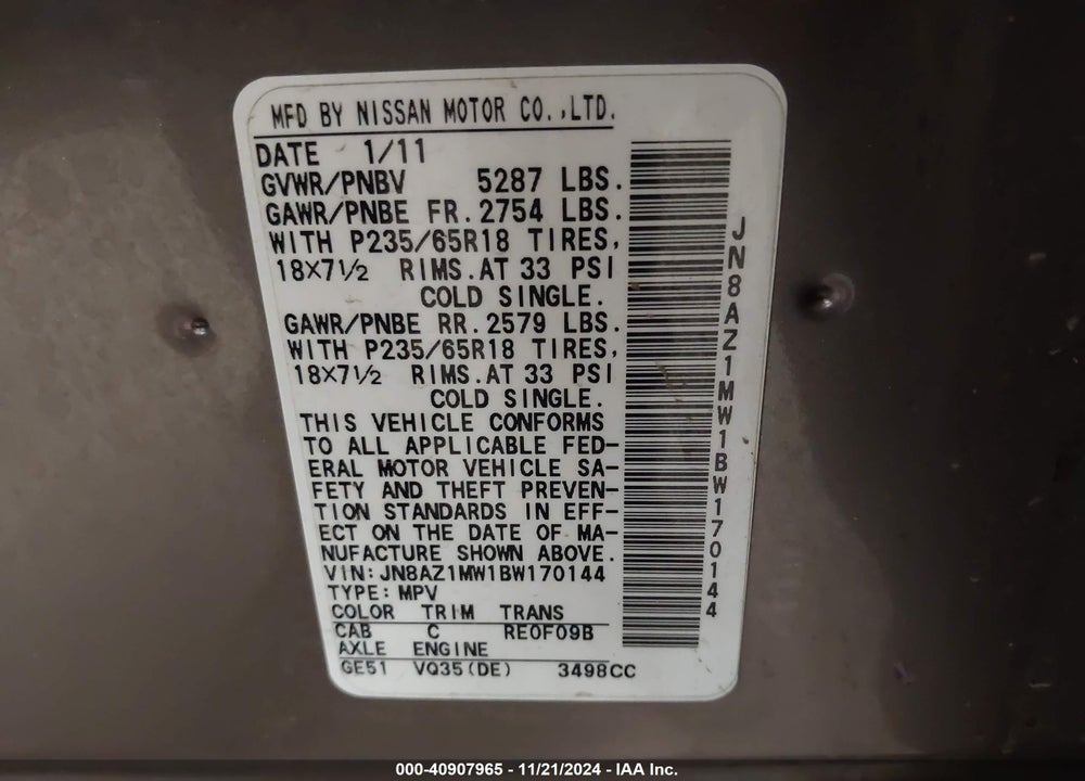 2011 NISSAN MURANO SL VIN: JN8AZ1MW1BW170144