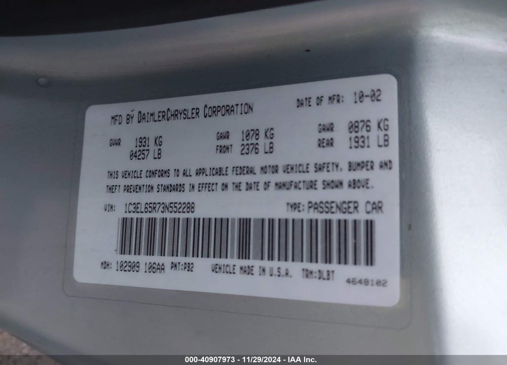 2003 CHRYSLER SEBRING LIMITED VIN: 1C3EL65R73N552288