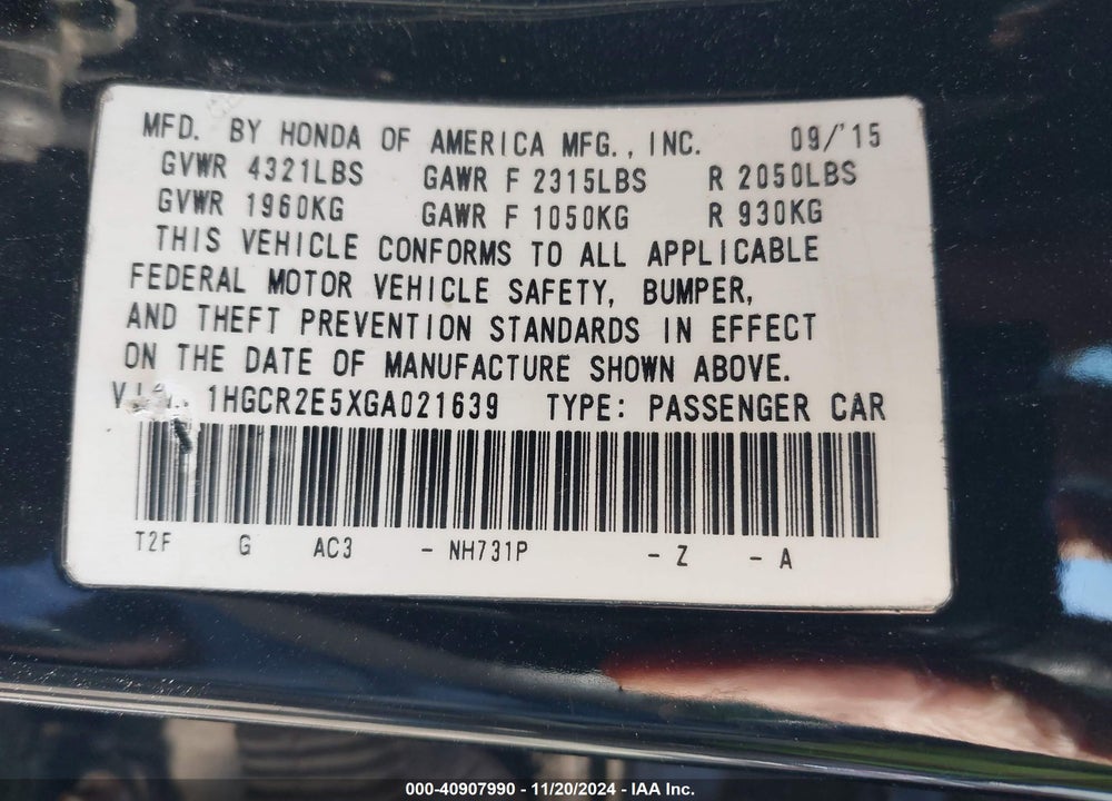 2016 HONDA ACCORD VIN: 1HGCR2E5XGA021639