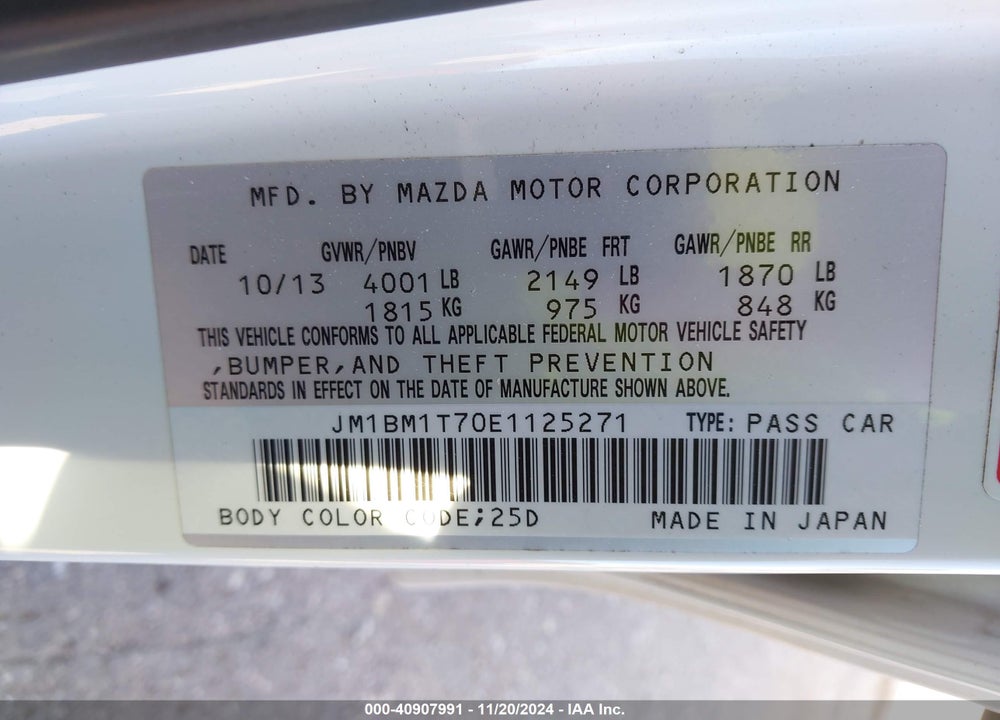 2014 MAZDA 3 I SV VIN: JM1BM1T70E1125271