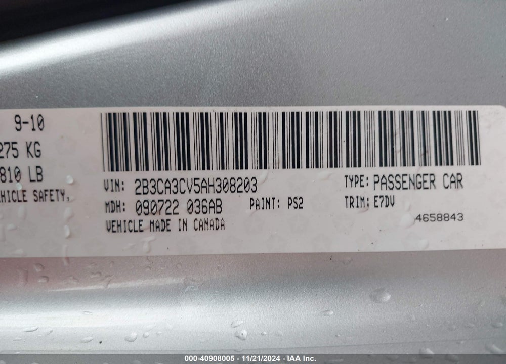 2010 DODGE CHARGER SXT VIN: 2B3CA3CV5AH308203