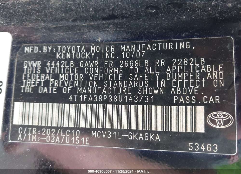 2008 TOYOTA CAMRY SOLARA SLE VIN: 4T1FA38P38U143731