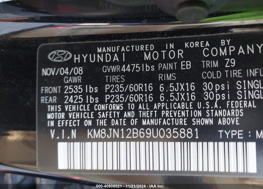 2009 HYUNDAI TUCSON LIMITED VIN: KM8JN12B69U035881
