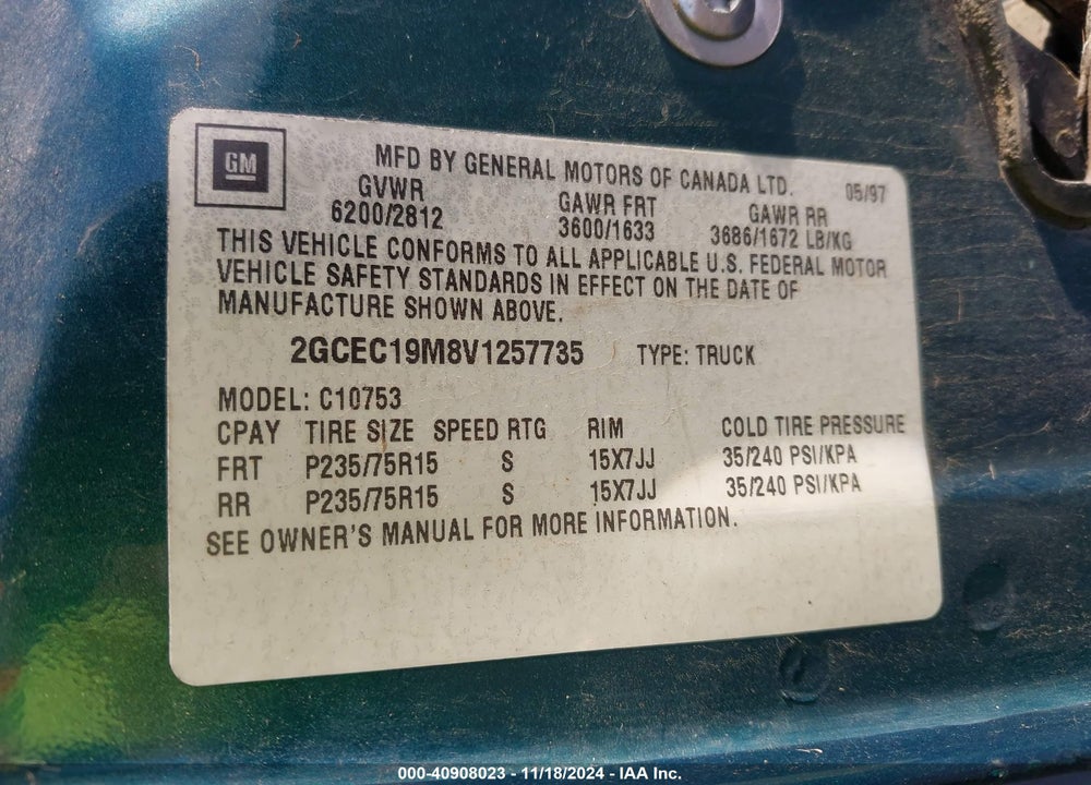 1997 CHEVROLET C1500 FLEETSIDE VIN: 2GCEC19M8V1257735