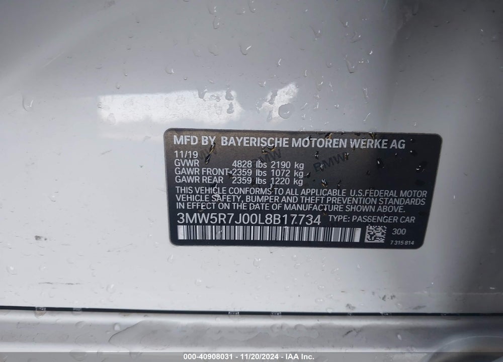 2020 BMW 3 SERIES VIN: 3MW5R7J00L8B17734