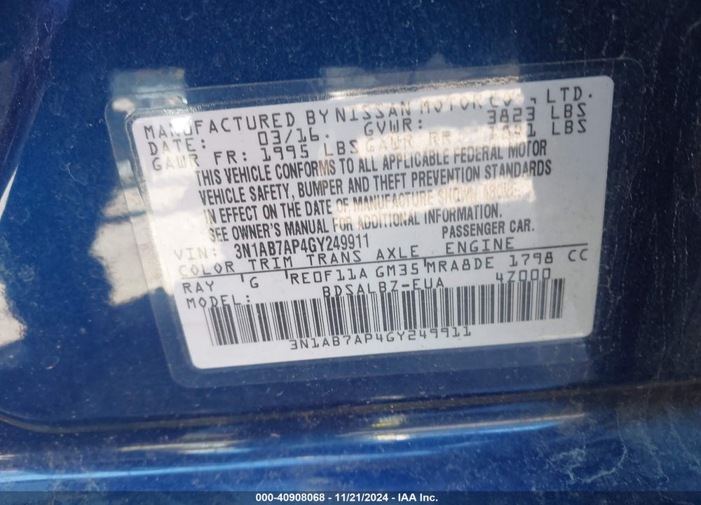 2016 NISSAN SENTRA S VIN: 3N1AB7AP4GY249911