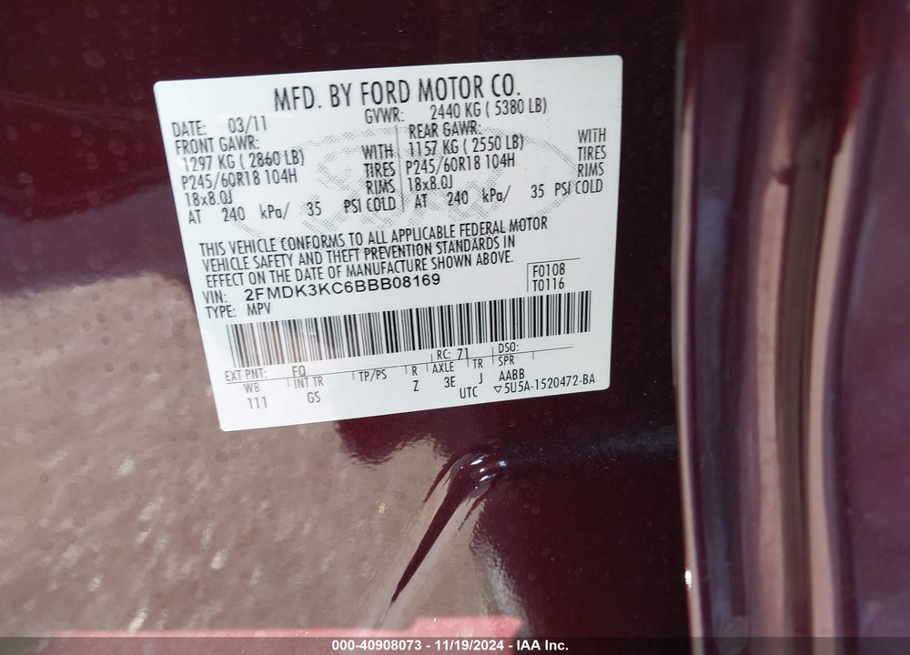 2011 FORD EDGE LIMITED VIN: 2FMDK3KC6BBB08169
