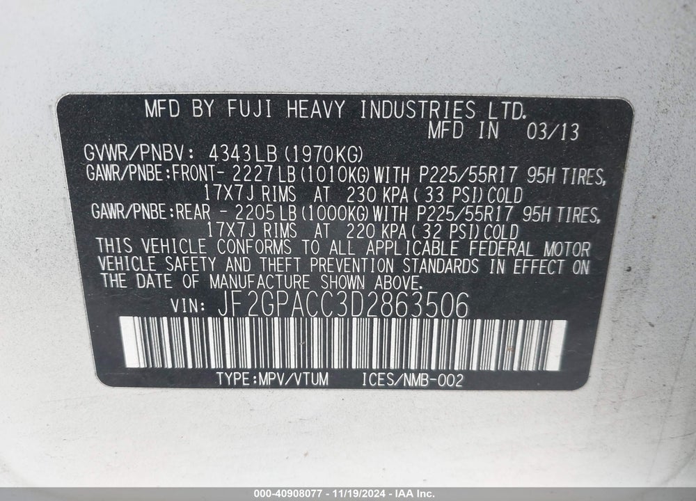 2013 SUBARU XV CROSSTREK 2.0I PREMIUM VIN: JF2GPACC3D2863506