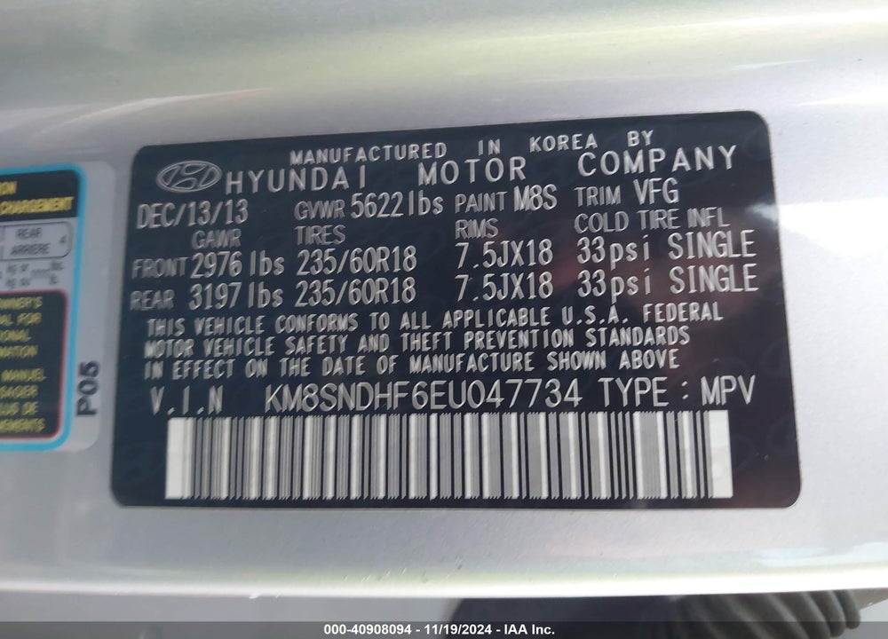 2014 HYUNDAI SANTA FE LIMITED VIN: KM8SNDHF6EU047734