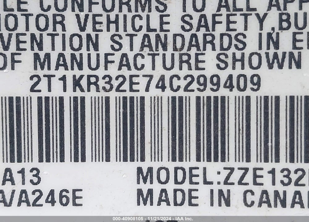 2004 TOYOTA MATRIX STANDARD VIN: 2T1KR32E74C299409