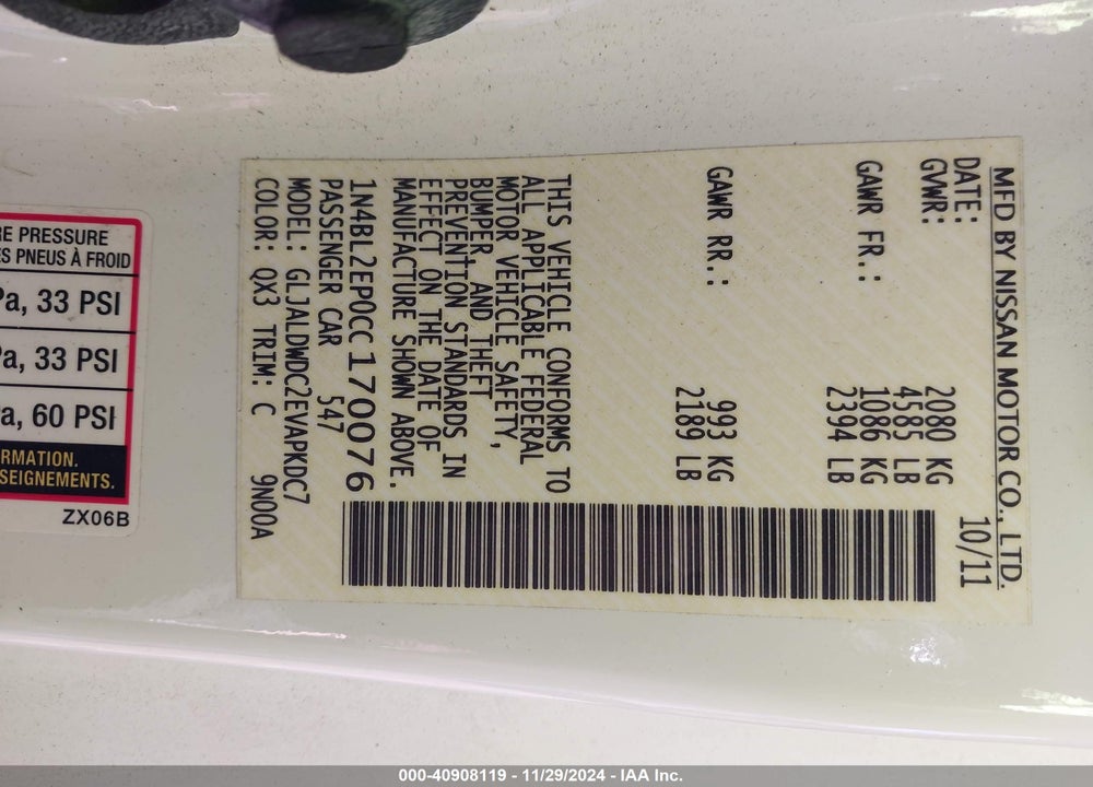 2012 NISSAN ALTIMA 3.5 SR VIN: 1N4BL2EP0CC170076