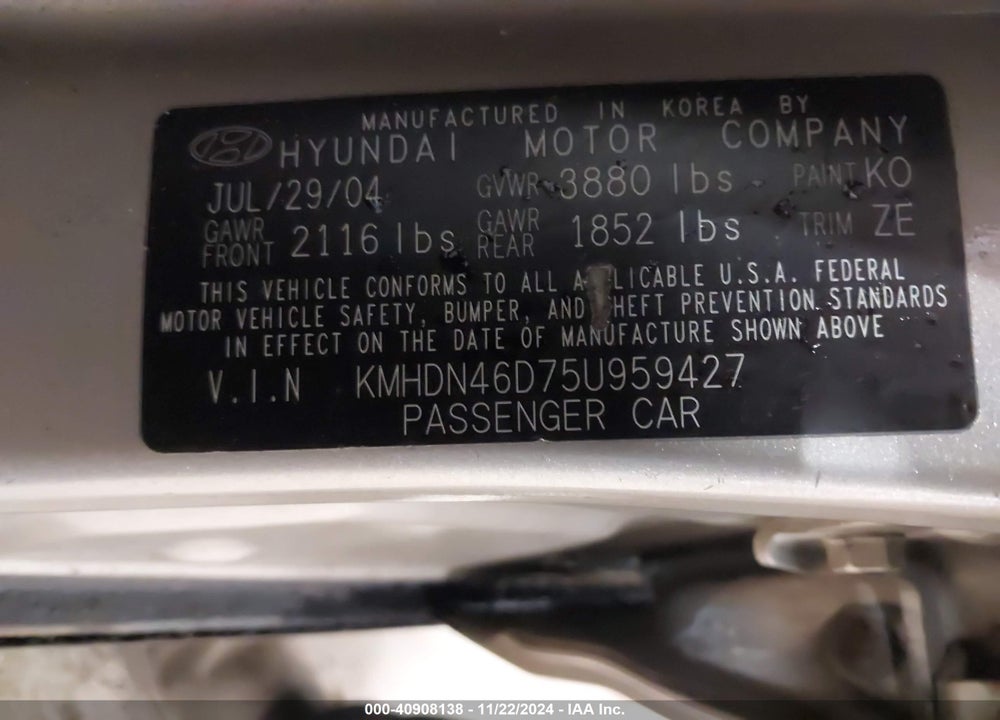 2005 HYUNDAI ELANTRA GLS/GT VIN: KMHDN46D75U959427