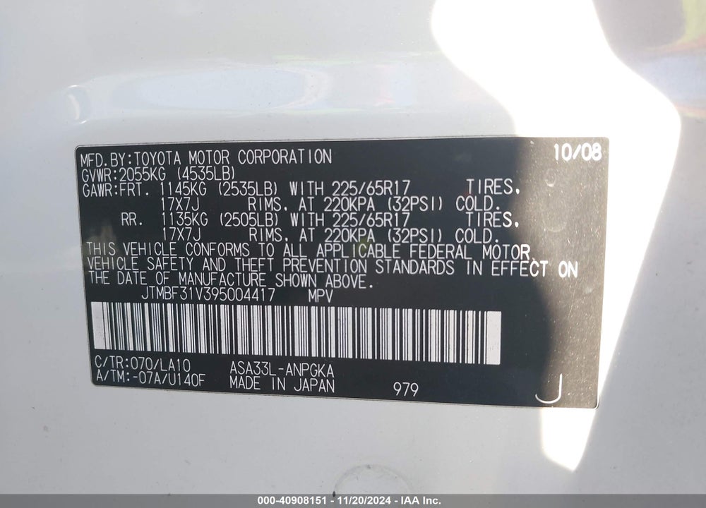2009 TOYOTA RAV4 LIMITED VIN: JTMBF31V395004417