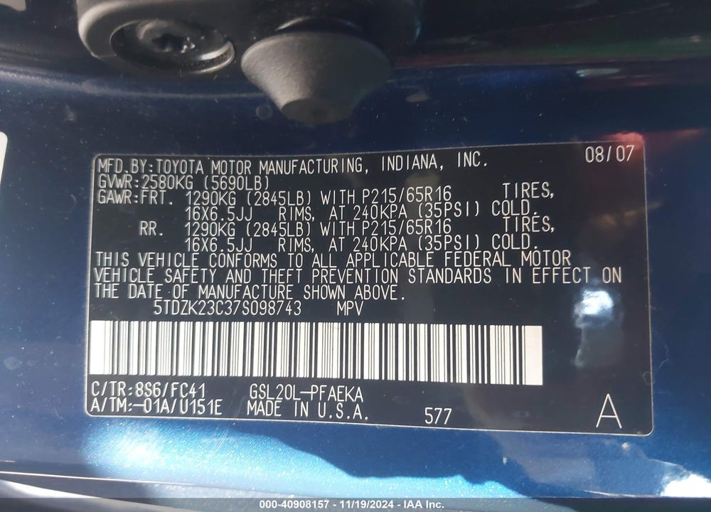2007 TOYOTA SIENNA LE VIN: 5TDZK23C37S098743