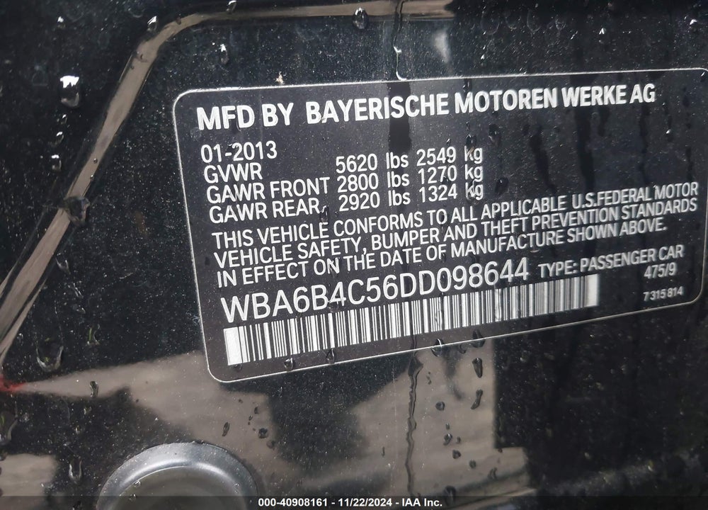 2013 BMW 650I GRAN COUPE VIN: WBA6B4C56DD098644