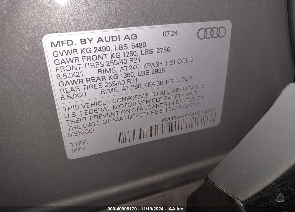 2024 AUDI Q5 SPORTBACK PREMIUM PLUS 45 TFSI S LINE QUATTRO S TRONIC VIN: WA15AAFYXR2145161