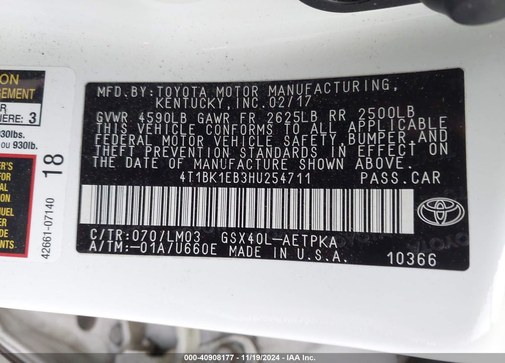 2017 TOYOTA AVALON LIMITED VIN: 4T1BK1EB3HU254711