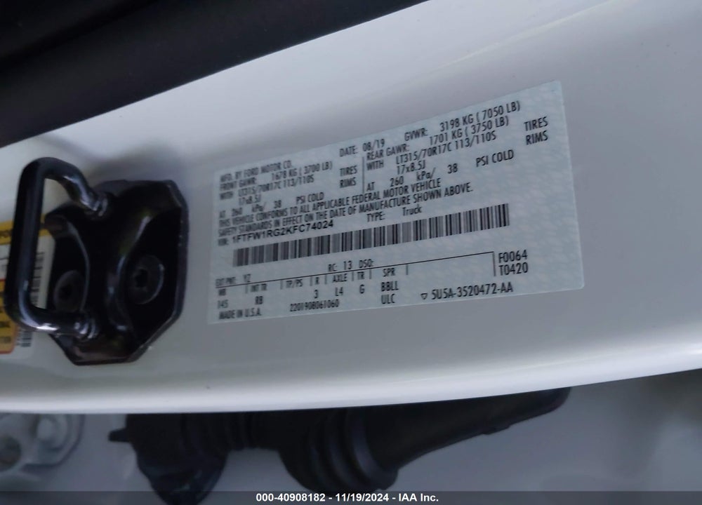 2019 FORD F-150 RAPTOR VIN: 1FTFW1RG2KFC74024