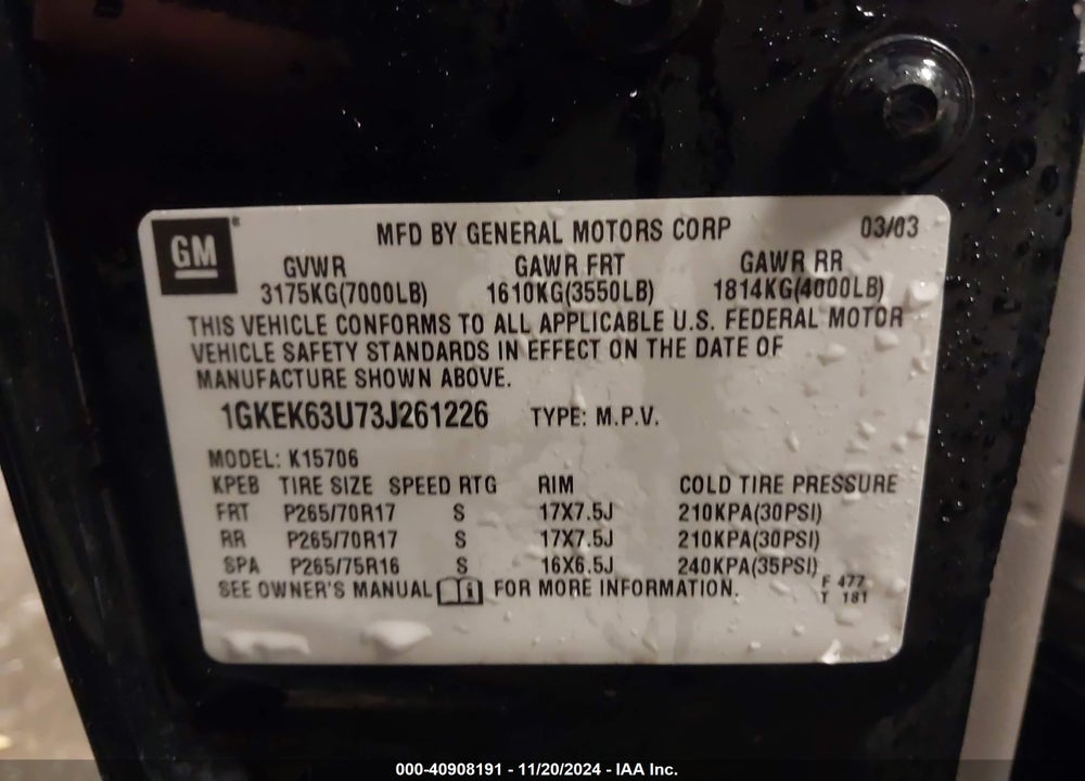 2003 GMC YUKON DENALI VIN: 1GKEK63U73J261226