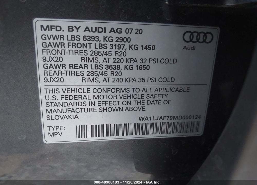 2021 AUDI Q7 PREMIUM PLUS 45 TFSI QUATTRO TIPTRONIC VIN: WA1LJAF79MD000124