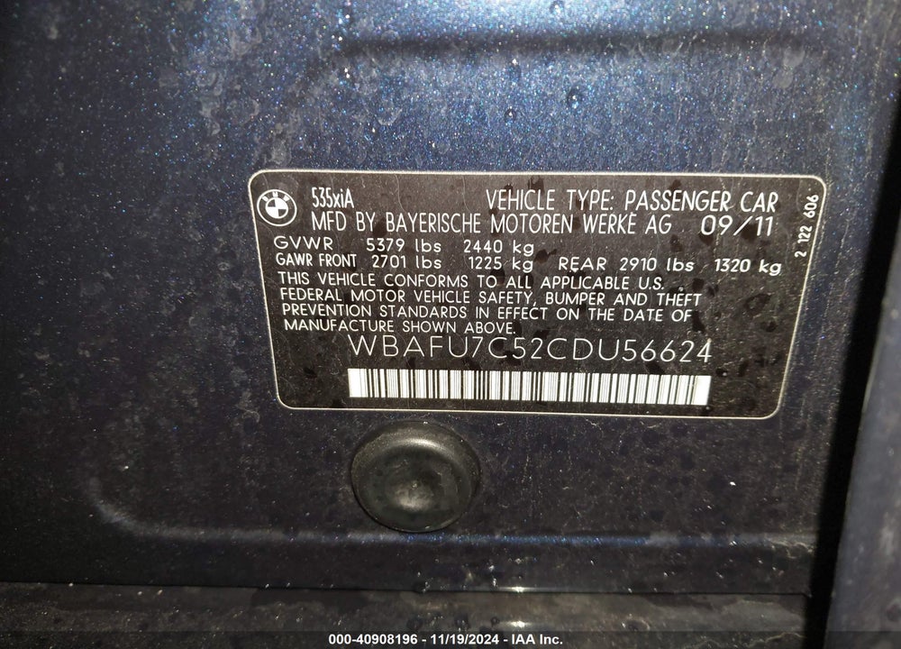 2012 BMW 535I VIN: WBAFU7C52CDU56624
