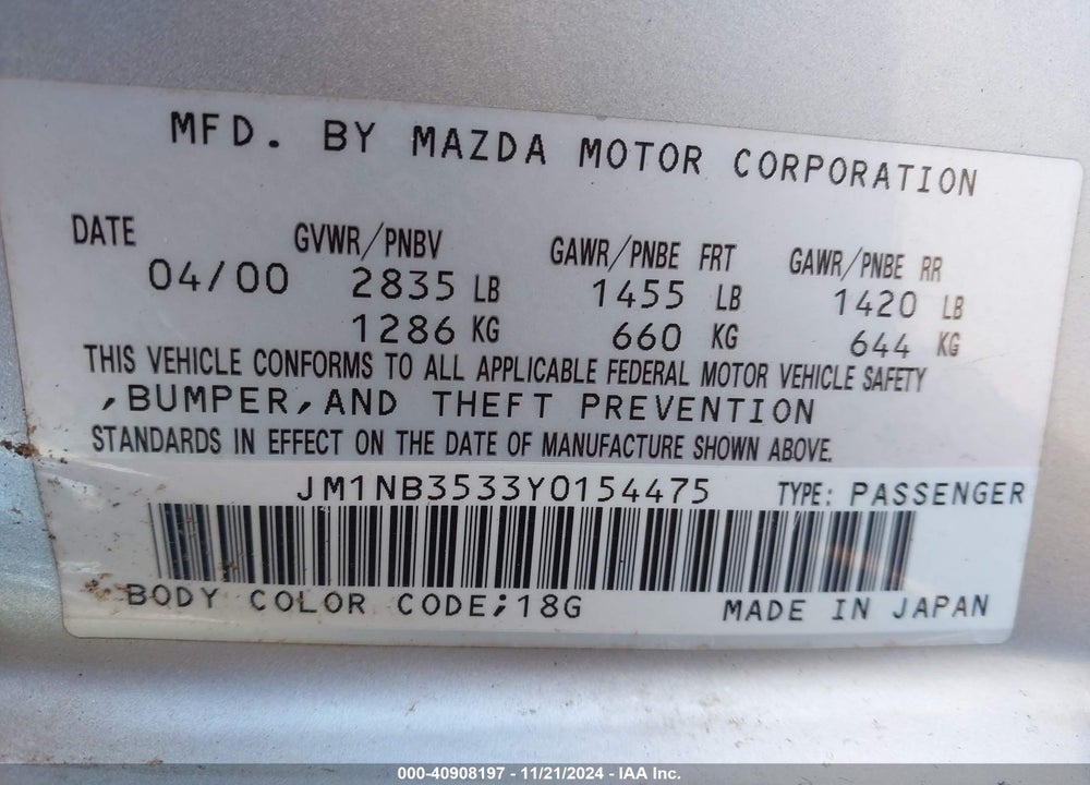 2000 MAZDA MX-5 MIATA LS/SPECIAL EDITION VIN: JM1NB3533Y0154475