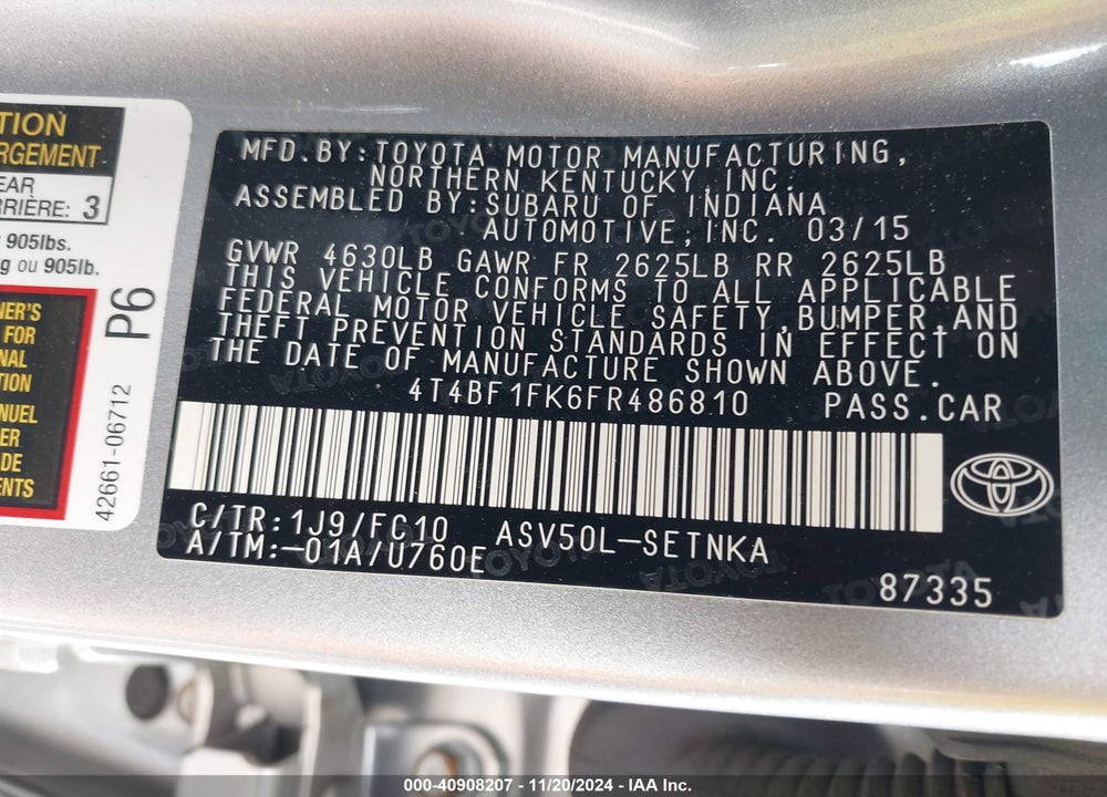 2015 TOYOTA CAMRY LE VIN: 4T4BF1FK6FR486810