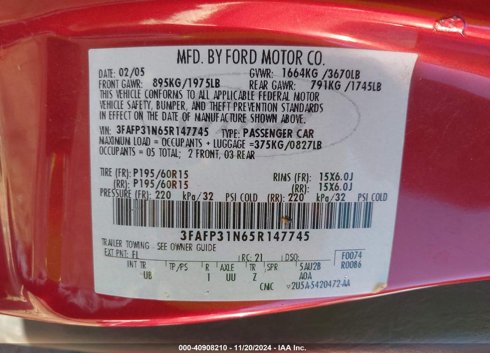 2005 FORD FOCUS ZX3 VIN: 3FAFP31N65R147745