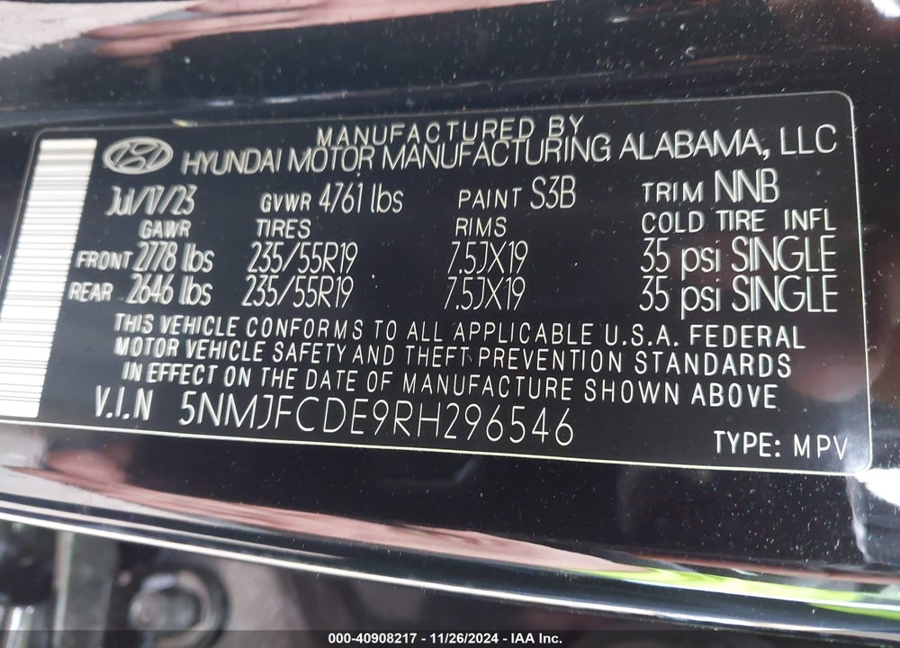 2024 HYUNDAI TUCSON SEL VIN: 5NMJFCDE9RH296546