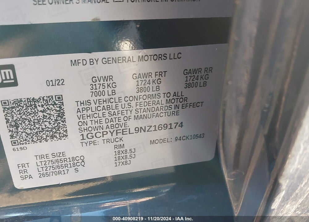 2022 CHEVROLET SILVERADO 1500 LTD VIN: 1GCPYFEL9NZ169174