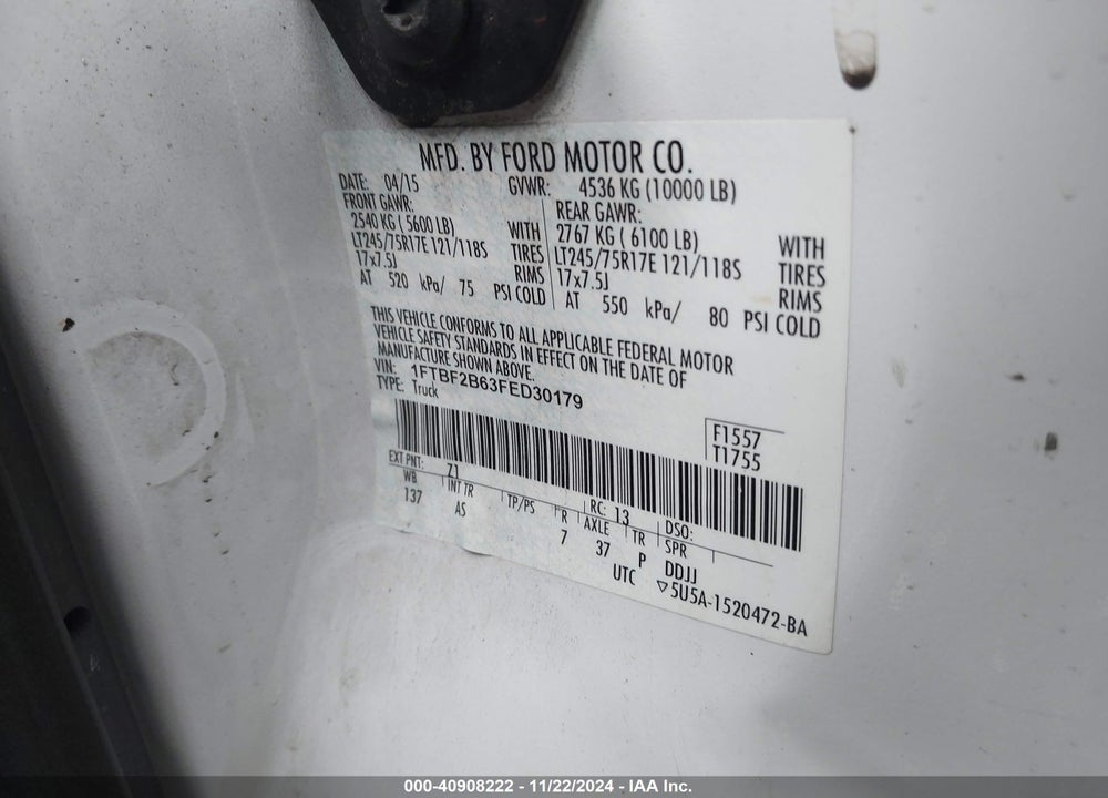 2015 FORD F-250 XL VIN: 1FTBF2B63FED30179