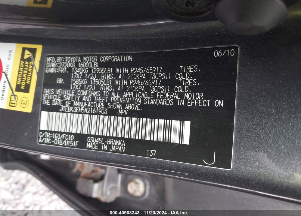 2010 TOYOTA HIGHLANDER VIN: JTEBK3EH5A2161903