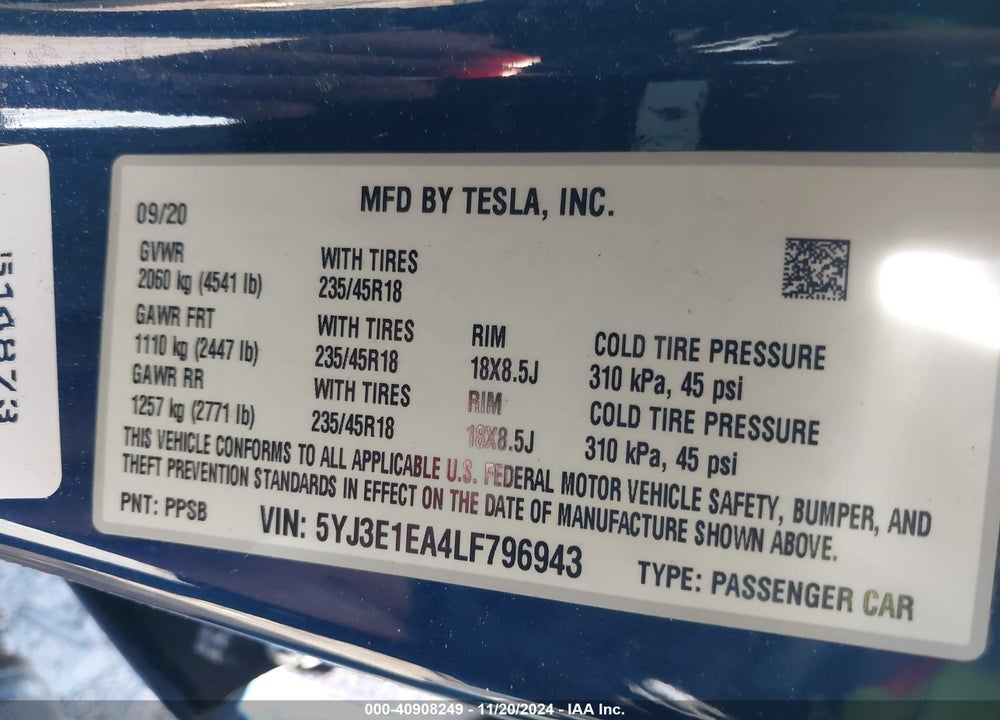 2020 TESLA MODEL 3 STANDARD RANGE PLUS REAR-WHEEL DRIVE/STANDARD RANGE REAR-WHEEL DRIVE VIN: 5YJ3E1EA4LF796943