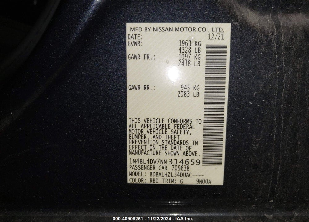 2022 NISSAN ALTIMA SV FWD VIN: 1N4BL4DV7NN314659