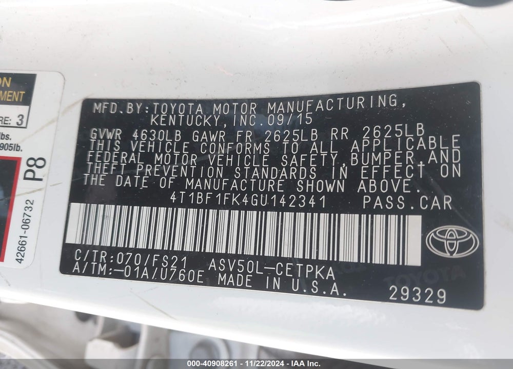 2016 TOYOTA CAMRY SE VIN: 4T1BF1FK4GU142341
