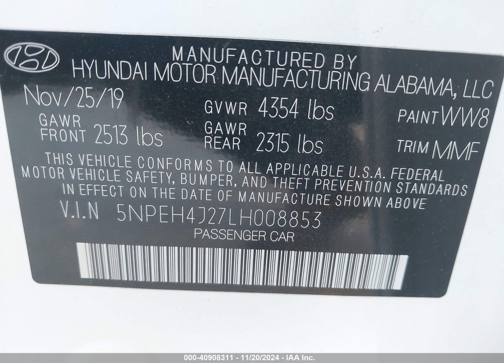 2020 HYUNDAI SONATA LIMITED VIN: 5NPEH4J27LH008853