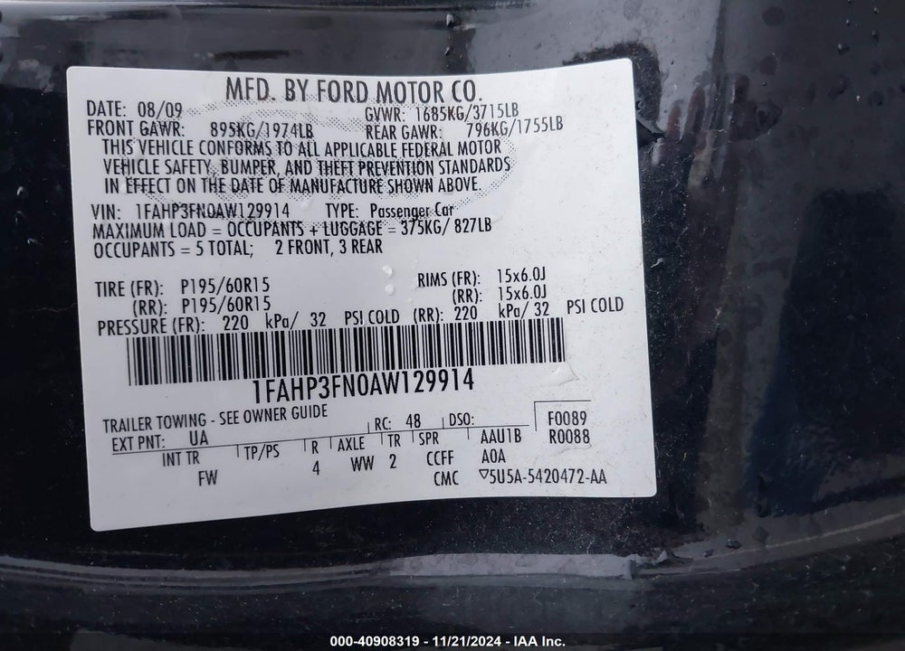 2010 FORD FOCUS SE VIN: 1FAHP3FN0AW129914