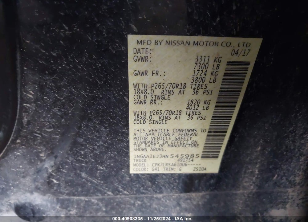 2017 NISSAN TITAN S VIN: 1N6AA1EJ3HN545985