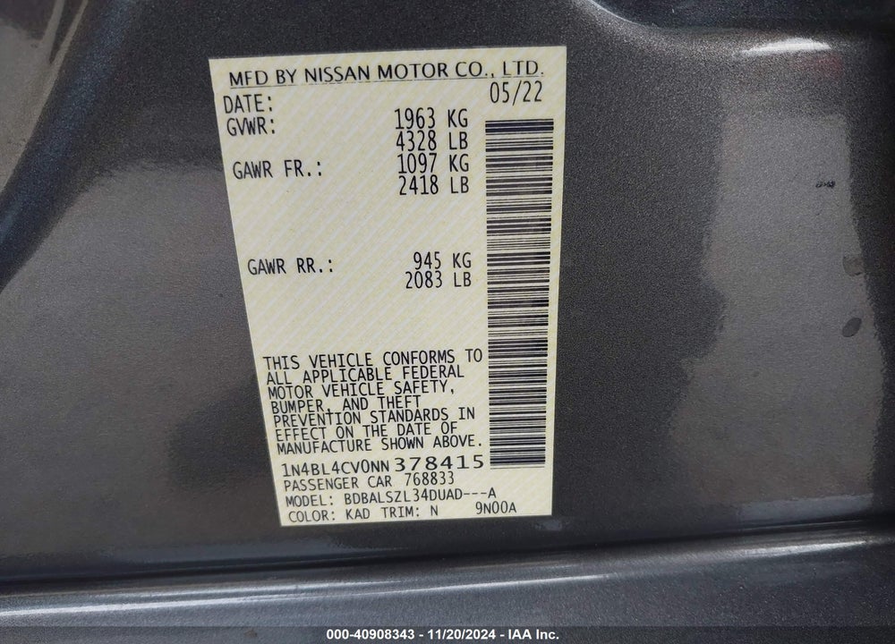 2022 NISSAN ALTIMA SR FWD VIN: 1N4BL4CV0NN378415