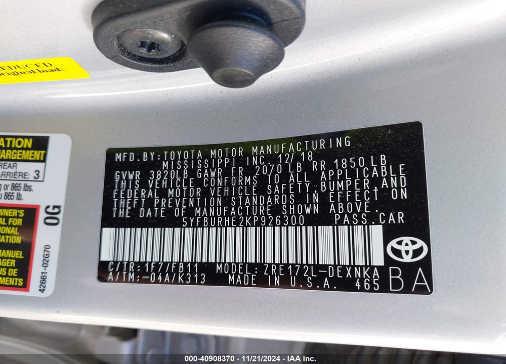 2019 TOYOTA COROLLA LE VIN: 5YFBURHE2KP926300