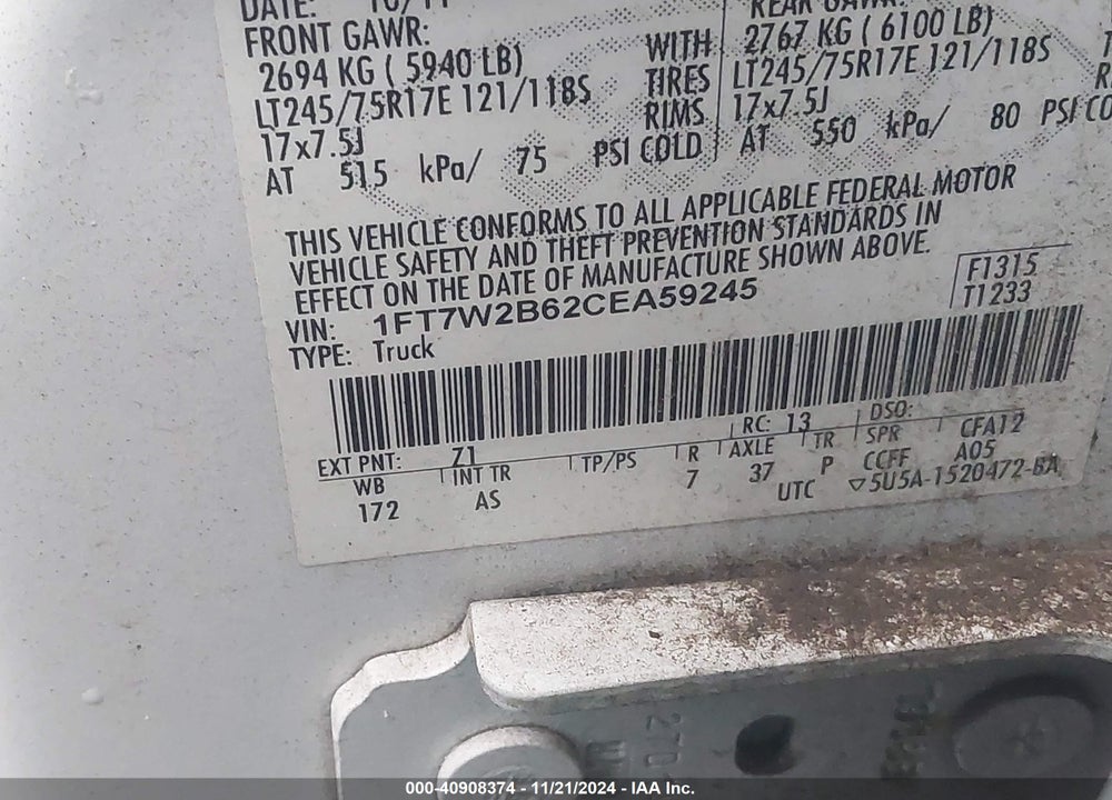2012 FORD F-250 XL VIN: 1FT7W2B62CEA59245