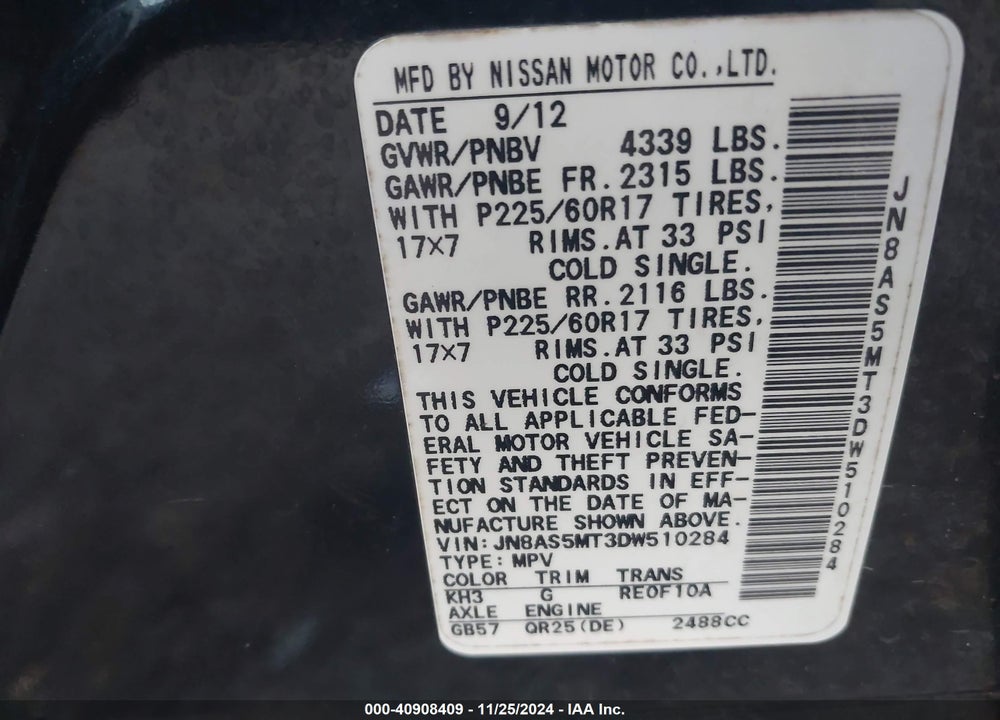 2013 NISSAN ROGUE SV VIN: JN8AS5MT3DW510284
