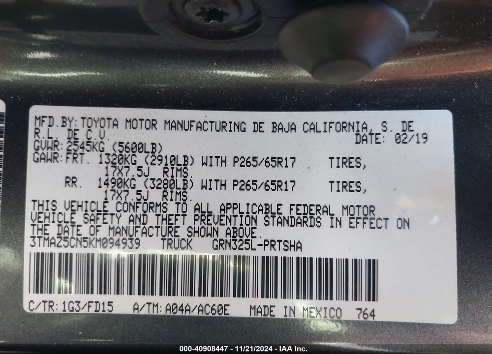 2019 TOYOTA TACOMA TRD SPORT VIN: 3TMAZ5CN5KM094939