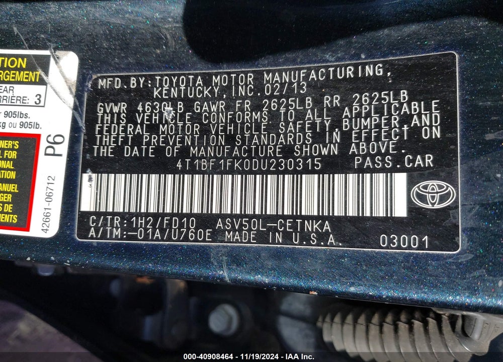 2013 TOYOTA CAMRY LE VIN: 4T1BF1FK0DU230315