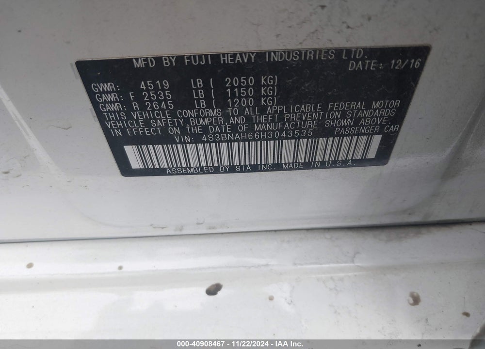 2017 SUBARU LEGACY 2.5I PREMIUM VIN: 4S3BNAH66H3043535