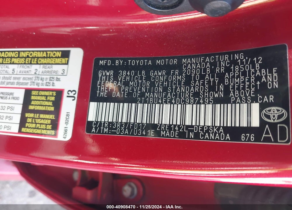 2013 TOYOTA COROLLA S VIN: 2T1BU4EE4DC987495