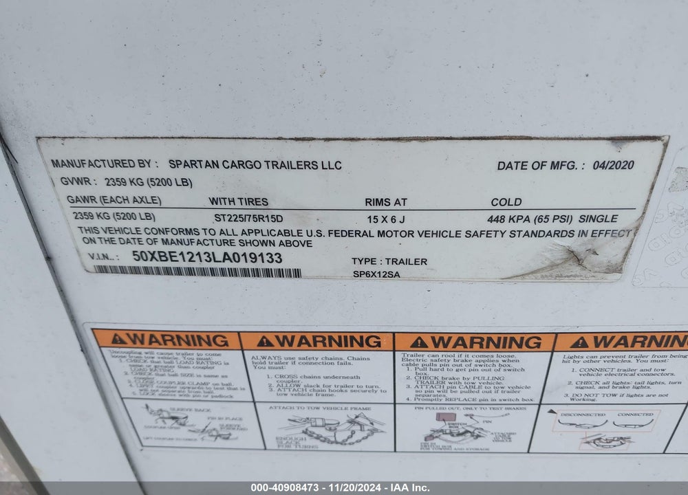 2020 SPARTAN CARGO TRAILERS LL --- VIN: 50XBE1213LA019133