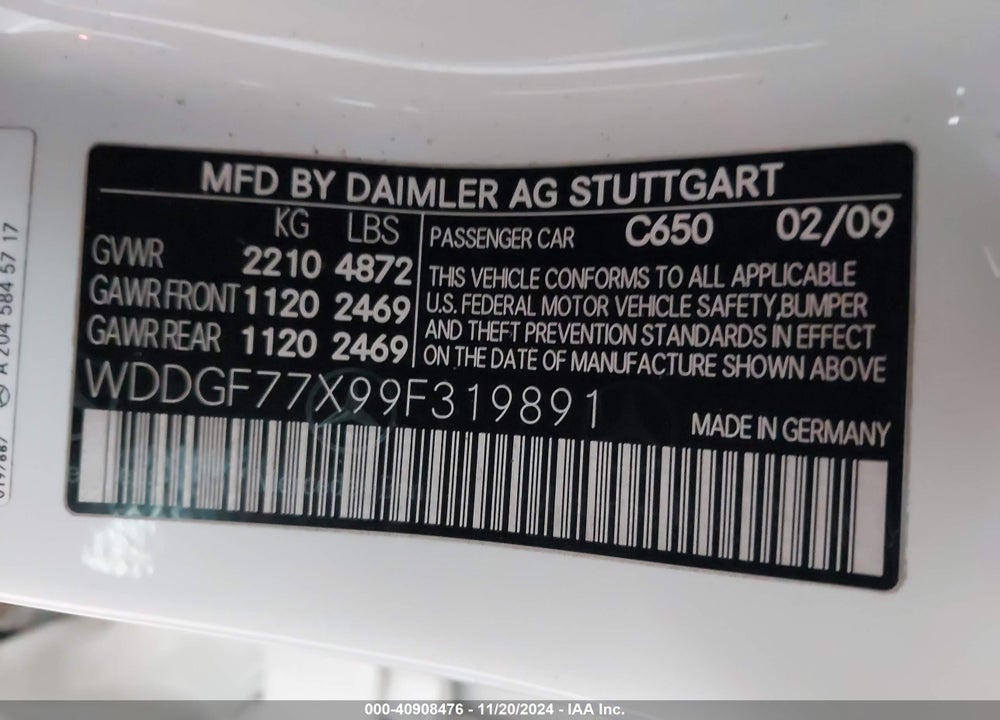 2009 MERCEDES-BENZ C 63 AMG VIN: WDDGF77X99F319891