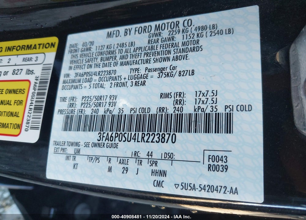 2020 FORD FUSION TITANIUM VIN: 3FA6P0SU4LR223870